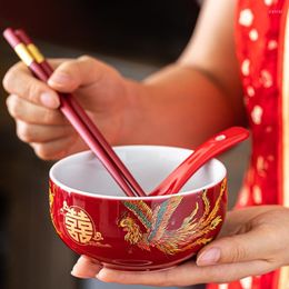 Kommen Chinese trouwkom rood keramisch servies tabelgare bord lepel lepel eetstokjes porseleinen gebruiksvoorwerpen feestelijk decoratie cadeau