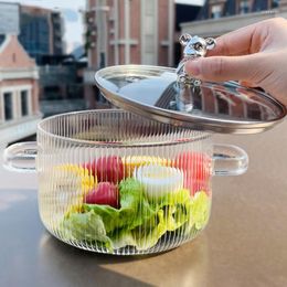 Bols bol en verre borosilicate binaural transparent avec couvercle grande capacité salade de nouilles à haute température Pot de soupe Ramen