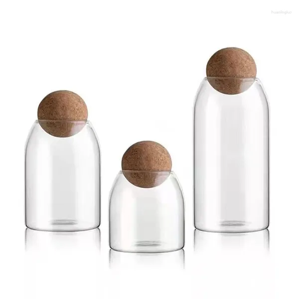 Bols Bouteilles en verre transparent Conteneurs de stockage avec liège rond hermétique pour bonbons, noix, épices, grains de café réutilisables