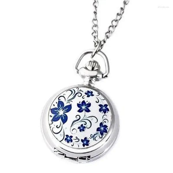 Cuencos Modelos De Pareja Moda Clásica Retro Cuarzo Pequeño Plata Loto Flor Azul Reloj De Bolsillo