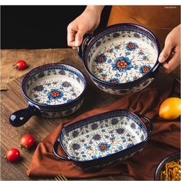 Kommen Creatieve keramische plaat Huishoudelijke handgreep Kom Soep Noodle Instant Salade Oven Magnetronbenodigdheden