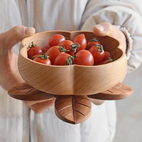 Bols Creative Flower Bowl Salade en bois massif Eco Naturel Table Volent High Stand Fruits Plate