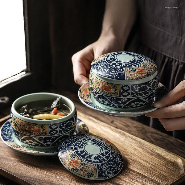 Bols Cuisine Créative Avec Couvercle Bol Vaisselle Japonaise En Céramique Peinte À La Main En Porcelaine Bleue Et Blanche Soupe Oeuf À La Vapeur