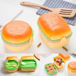 Kommen schattige hamburger dubbele drie laag lunchbox met vork burger bento lunchbox kinderen schoolcontainer servies set kinderen