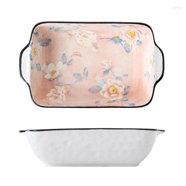 Tigelas dupla alça tigela de cozimento estilo ldyllic cerâmica rosa camélia alívio macarrão salada sopa casamento porcelana talheres CZY-B4011