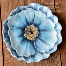 Kommen in reliëf blauwe bloem keramische kom dinerbord servies fruitsalade borden noedels eettafel keukenservies