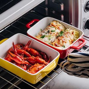 Cuencos de cerámica europea de doble oreja plato largo para hornear queso moderno vajilla de arroz horno microondas