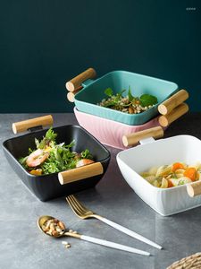 Bols Assiette à Double oreille en céramique de style européen maison grande capacité Dessert salade de fruits bol à soupe de nouilles avec couvercle vaisselle de restaurant
