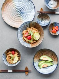 Kommen FANCITY Dubbelzijdig blauw lijnpatroon in Japanse stijl Keramiek en schalen voor huishoudelijke rijstsoepschotel