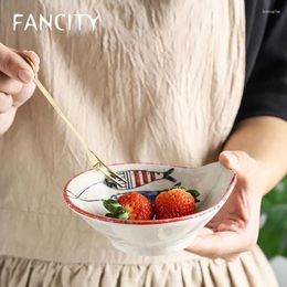Bols fantaisie manche de style japonais bol en céramique peint à la main sous la glaçure de la salade de fruits et plats de collation et côté latéral