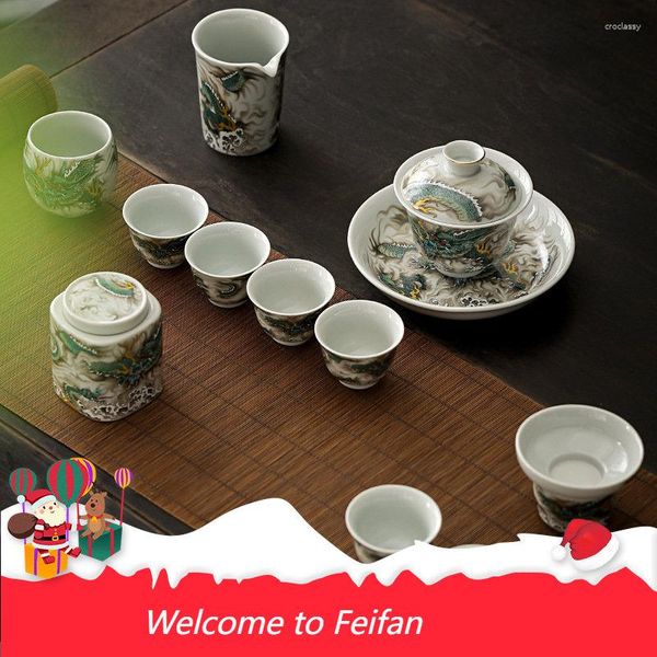 Bols Feifan En Céramique Peint À La Main Encre Verte Motif Dragon Sicai Bol Rétro Tasse À Thé De Haute Qualité Ensemble Complet