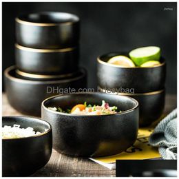 Cuencos con borde de oro esmerilado Tazón recto Comida japonesa Cerámica para el hogar Sopa de ramen pequeña Entrega directa Hogar Jardín Cocina Comedor Bar Dhrmh