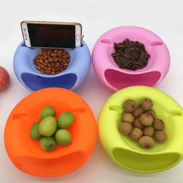 Bols Fun Plastique Double Couche Fruits Secs Bonbons Snack Boîte De Rangement Plaque Plat Plateau Avec Support De Téléphone Portable