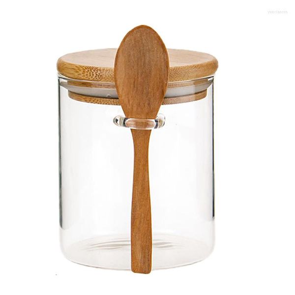 Cuencos de vidrio Recipiente hermético Castor Tapa giratoria de madera Cocina Tanque de almacenamiento de dulces Tarro Contenedor de bambú con cuchara