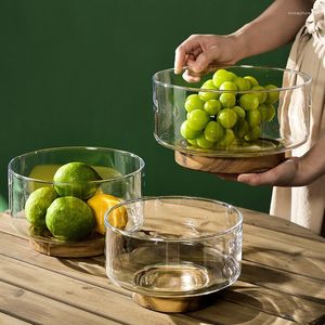 Bowls Glazen Fruitschaal Met Houten Basis Snack Noten Container Grote Capaciteit Helder Salade Serveer Luxe Keuken Servies