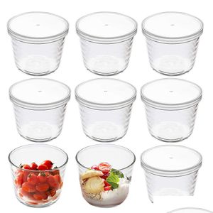 Kommen glas met plastic deksels Clear Pudding Cups Fruit Dish Containers voor salad dessert Snacks Zer Food Storage Drop levering Home DHWM9