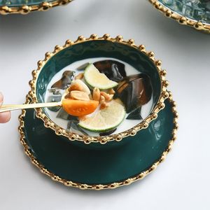 Bols plaqué or bordure émeraude bol en céramique de luxe vaisselle en porcelaine ménage salade de fruits plats de cuisine ustensiles de cuisine
