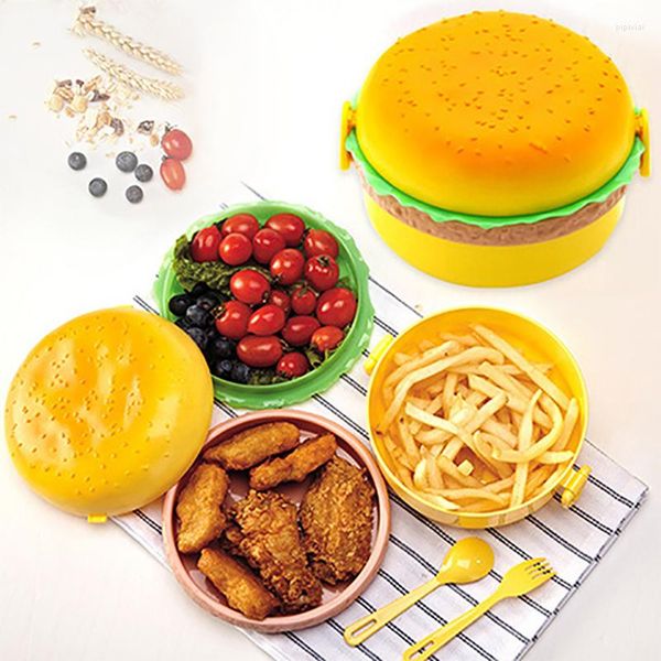 Bols Hamburger Boîte À Lunch Double Niveau Mignon Burger Bento Micro-ondes Enfants École Conteneur Fourchette Vaisselle Pour Noix De Coco Bol Ensemble