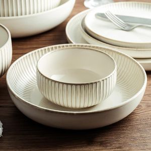 Kommen handgemaakte keramische streep witte kom eenvoudige aardewerk familie salade rijst noedels decoratie restaurant keuken accessoires 2023