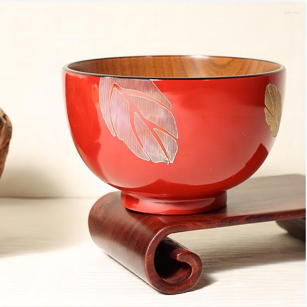 Bols faits à la main en bois rouge en bois japonais avec des peintures à la feuille d'or vaisselle pour riz nouilles soupe trempette salade thé Sushi