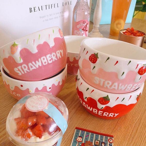 Bols Ins Style mignon doux fraise lait créatif en céramique grand bol à salade de fruits maison petit déjeuner tasse tasse cadeau pour les filles