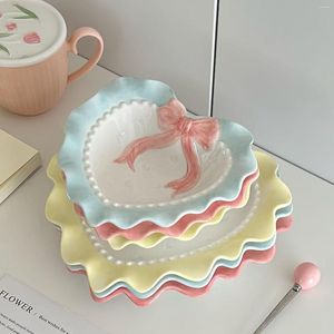 Bowls INS Wind Bowl Plate Cute Wave Edge Bow Knot Love Dot Ceramic Lace Servies Girl Heart Home Rice Dessert