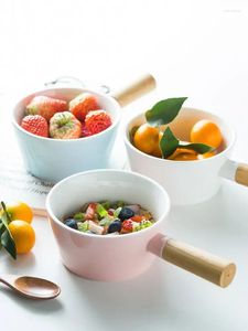 Kommen Japanse keramische dessert slakom met houten handvat fruit Home Creative Solid Color Telare Small Noodle