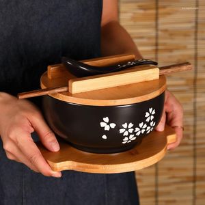 Cuencos Tazón de ramen de cerámica japonesa con tapa Fideos grandes Sopa de frutas Vajilla de cocina Traiga cuchara de madera Palillo ecológico