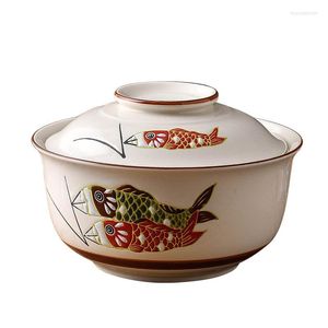 Bols bol à soupe en céramique japonais avec couvercle grande capacité nouilles instantanées dessinées à la main Ramen vaisselle fournitures micro-ondables