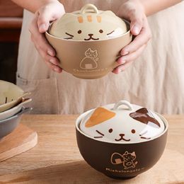 Bols Bol à soupe en céramique créatif japonais, animaux de dessin animé mignons avec couvercle chat ménage nouilles instantanées vaisselle de riz 231213