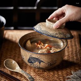 Bols japonais instantané Ramen bol avec couvercle rétro céramique grande capacité salade de nouilles soupe ménage cuisine vaisselle fournitures
