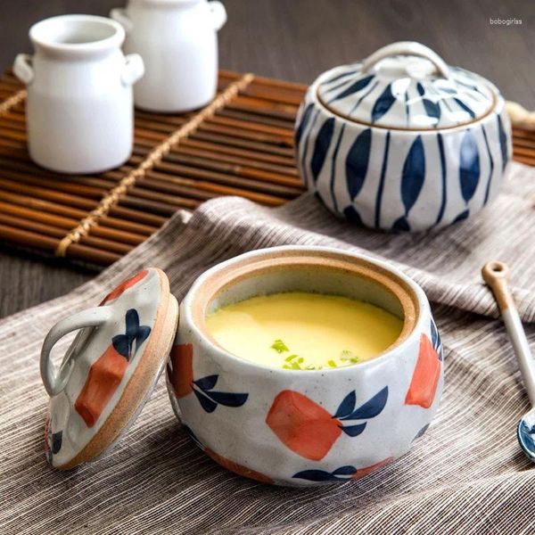 Bols tasse en céramique ragoût de poterie japonaise avec couvercle mini-dessert soupe eau à vapeur camarade de nid d'oeuf