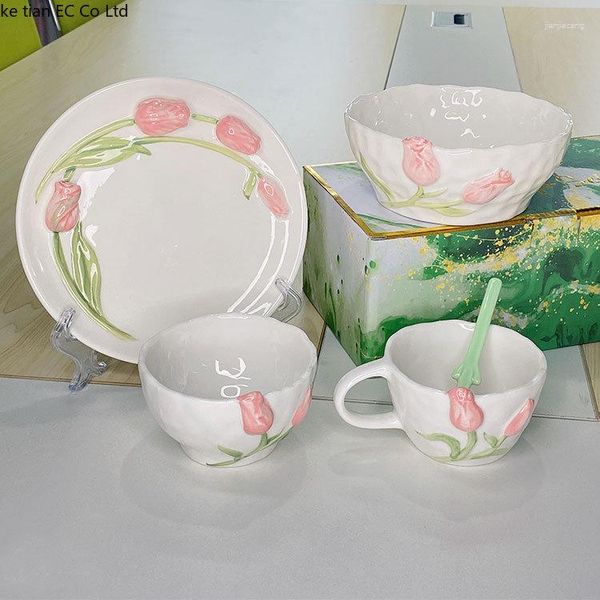 Cuencos estilo japonés relieve tulipán lindo cuenco de cerámica fideos taza de café pastel postre plato desayuno leche una persona vajilla