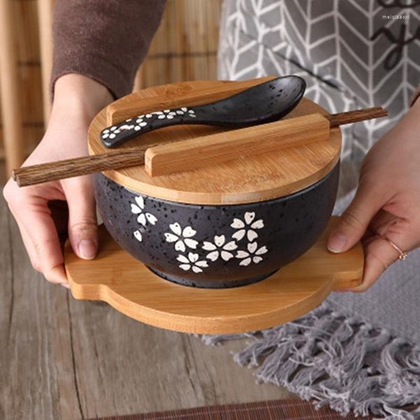 Cuencos de estilo japonés, cuenco de fideos instantáneos de arroz con tapa, cuchara y palillos, vajilla de cocina, recipiente de cerámica para sopa y ensalada