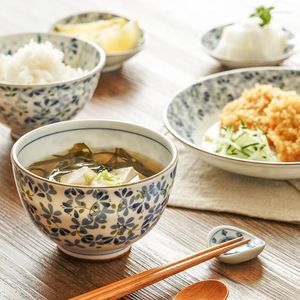 Bols Vaisselle sous glaçure de style japonais, petite série de bourgeons bleus, assiette en céramique, bol à riz, grande cuillère