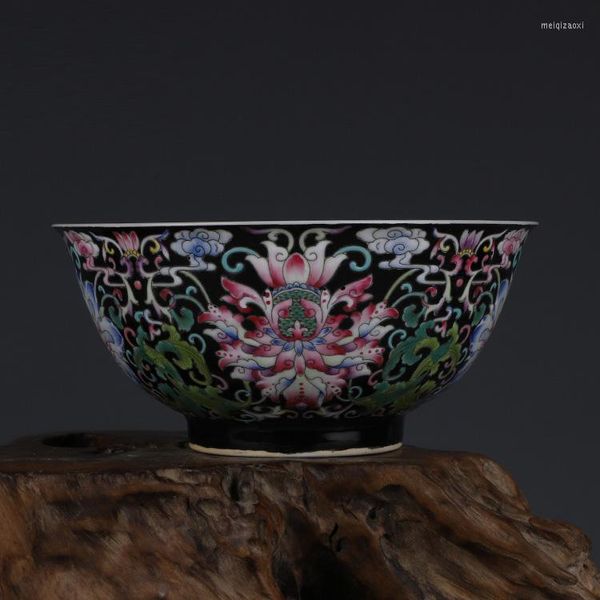 Cuencos Kangxi, cuenco de loto enredado de esmalte negro, adornos chinos de porcelana pintados a mano Jingdezhen antiguos