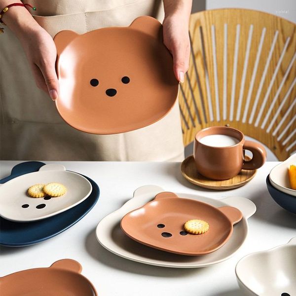 Bols Kawaii Cartoon Bear Céramique Bol Assiette Vaisselle Mignon Fruits Nouilles Petit Déjeuner Salade Dessert Ustensiles Pour La Cuisine