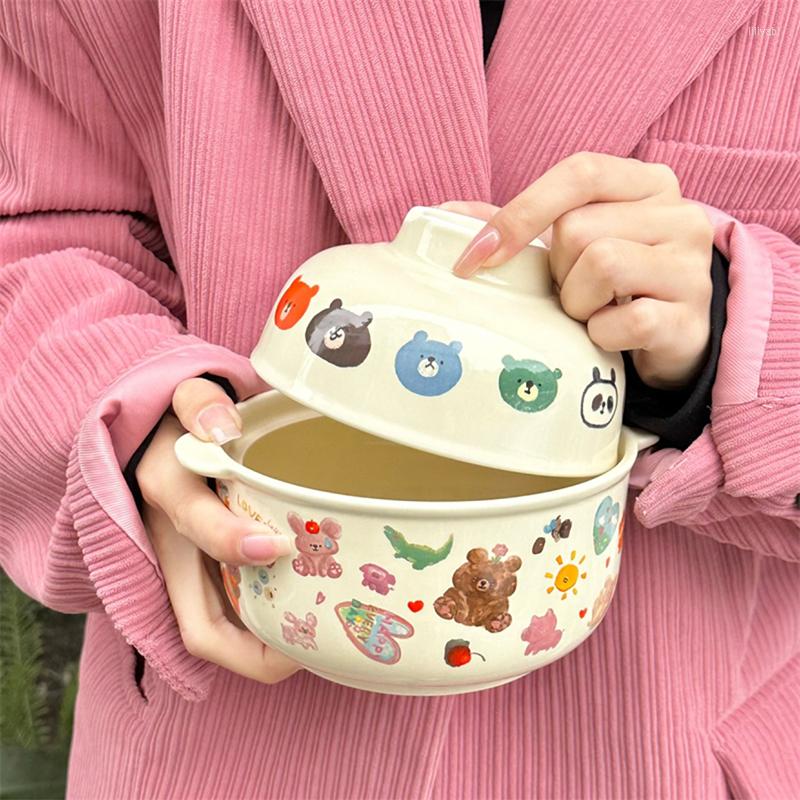 Schüsseln Kawaii koreanische Ramen-Schüssel mit Deckel Keramik süße große Instant-Nudeln Obstsalat Suppe Reis Cartoon Home Kitchen Geschirr
