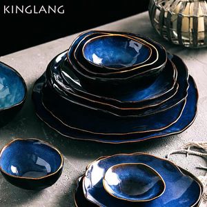 Bols KINGLANG 1/2/4 Personne Vaisselle Ensemble Bleu Couleur Céramique Forme Irrégulière Dîner Plats Assiette