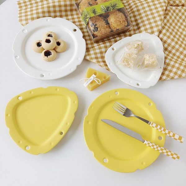 Cuencos Plato de queso mate Cerámica pura amarilla y blanca Lindo desayuno Pan Postre Pastel Plato