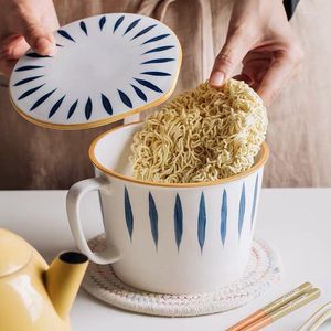 Bols micro-ondes disponibles bol de nouilles instantanées en céramique de Style japonais avec couvercle cuillère à petit déjeuner de grande capacité