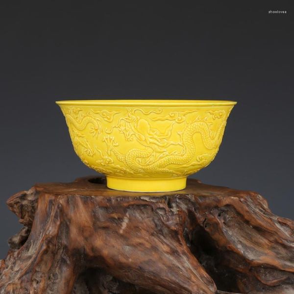 Bols Ming Hongzhi Délicat Glaçure Jaune Sculpture Dragon Bol Antique Jingdezhen Porcelaine Collection Ornements