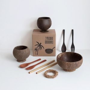 Juego de cuencos de coco Natural con cuchara, tenedor, anillo deslizante para ensalada, fideos, arroz, fruta, vajilla de almacenamiento, herramientas de cocina