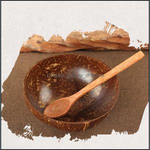 Cuencos de madera natural Tazón de cáscara de coco Artesanías hechas a mano Vajilla Cuchara Postre Ensalada Conjunto Mezcla Gota Entrega 2021 Home Garde Yydhhome Dhrcl