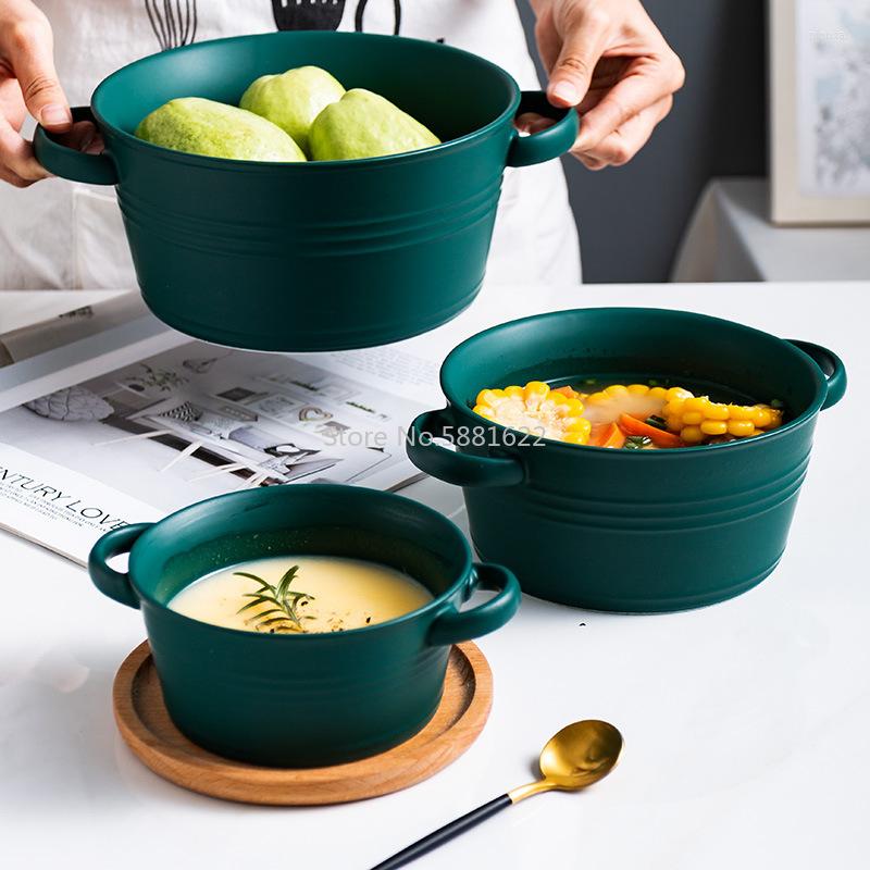 Bowls Nordic Binaural Soup Bowl Breakfast Fruit Salad Creative Noodle Thick Large Matte Dark Green