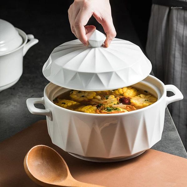 Bols Bol à soupe en céramique de style crémeux nordique avec couvercle ménage grande capacité double oreille bassin de vaisselle haut de gamme