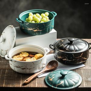 Kommen Nordic Simplicity Keramiek Soepbord Met Deksel Hoge Kwaliteit Vintage Marmeren Dubbele Oor Kom Keuken Servies Terrines