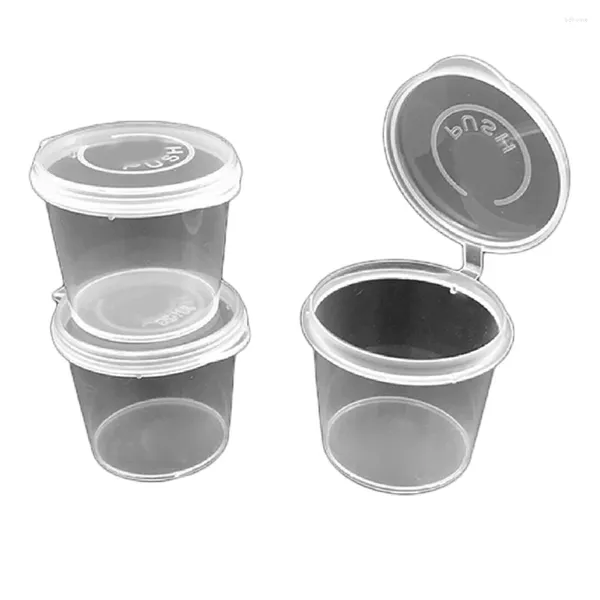 Tazones de paquete de 100 contenedores de salsa de plástico 1 oz 25ml 35 ml de material reciclable transparente microondas seguras a prueba de fuga flexible flexible