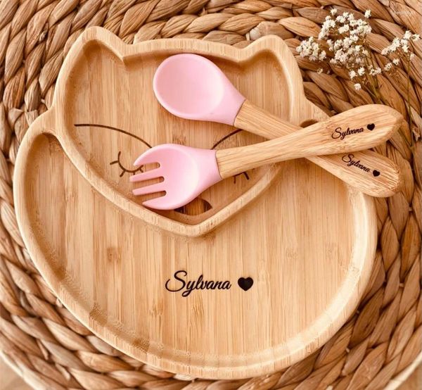 Tazones personalizados grabados de alimentación para bebés cubiertos de madera para niños cena de estadía plato plato personalizado