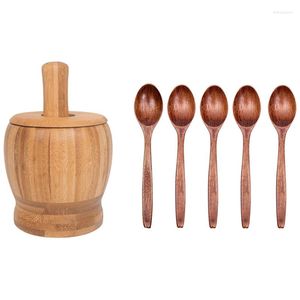 Bols -Pestle Broying Bowl Set Avec Cuillère En Bois Ménage Vaisselle Porridge Chinois Bambou Riz